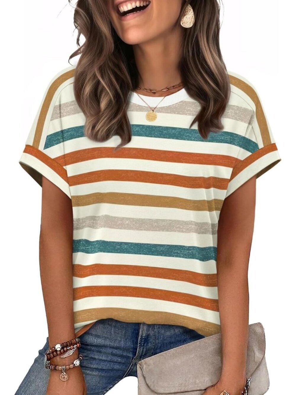 Womens Orange Stripes Summer Outfits Cloth Pull On Top Short Sleeve Casual Shirt